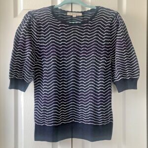 LOFT Striped Pointelle Puff Sleeve Sweater Tee Women's Knit Top Scalloped neck
